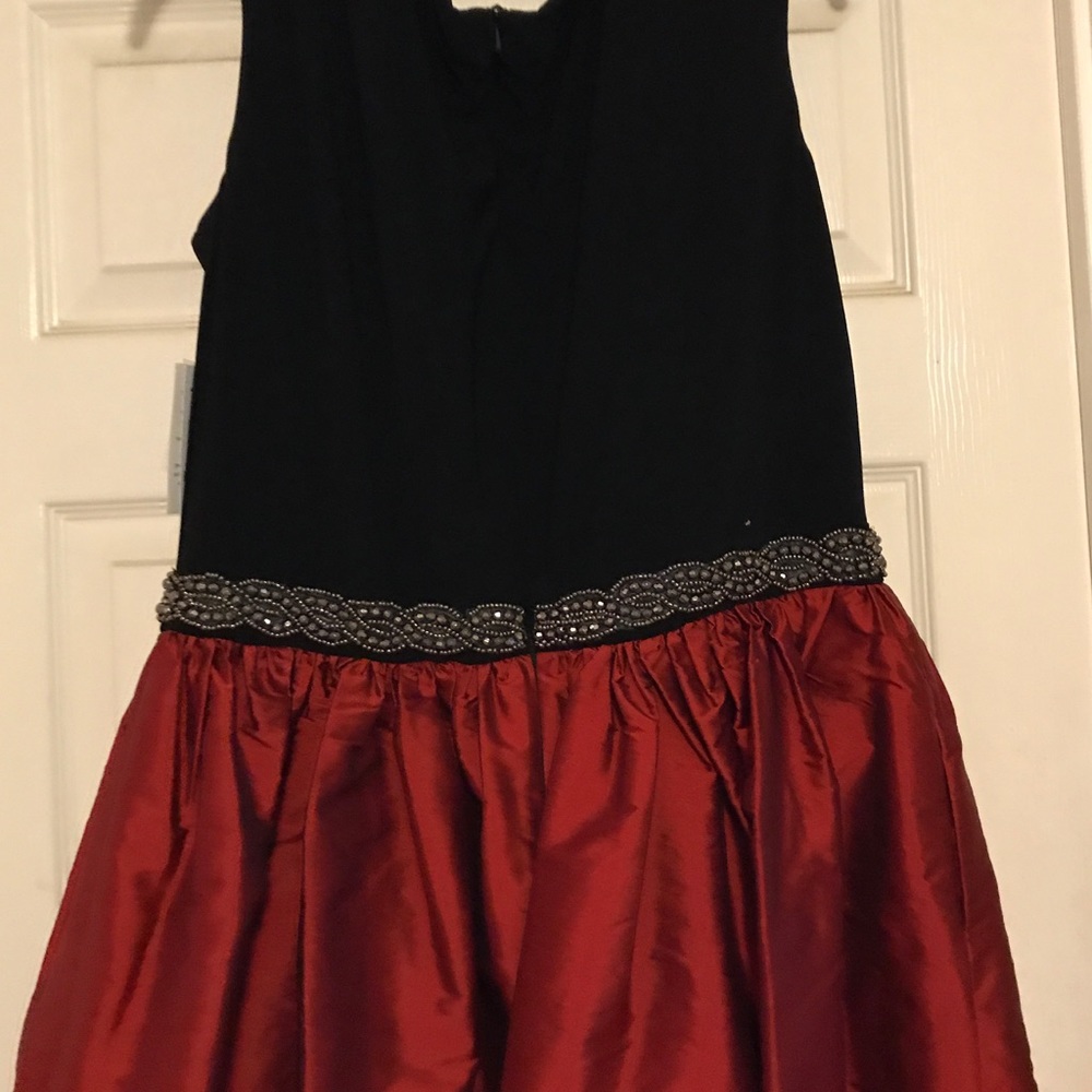 Red taffeta formal with black bodice